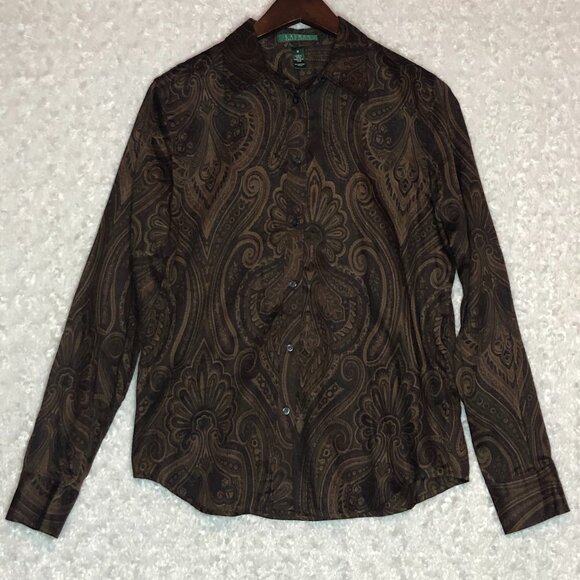 Lauren Ralph Lauren Brown Paisley 100% Cotton‎ Button Down Shirt Size Medium - Picture 1 of 6